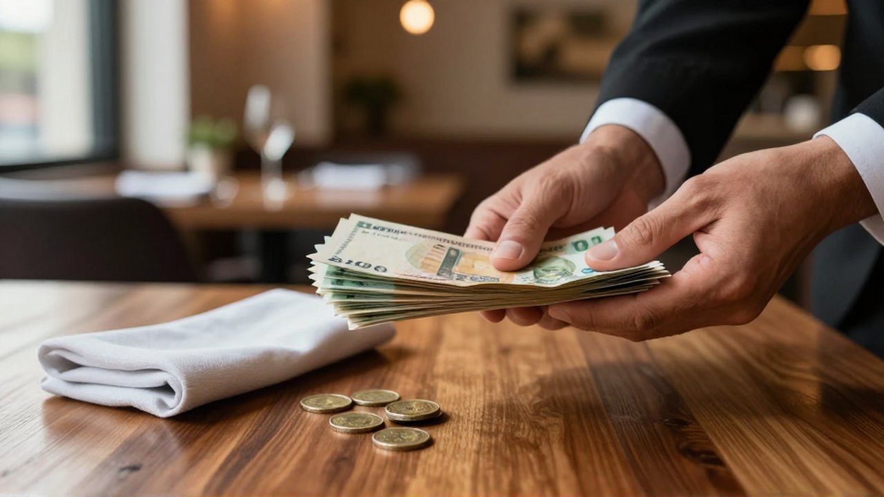 Manos de un camarero dejando un montón de billetes y monedas sobre una mesa de madera.