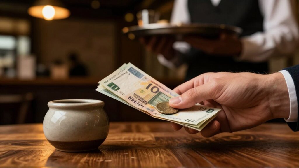 Una mano deja billetes y una moneda en una mesa de madera junto a un frasco para propinas.