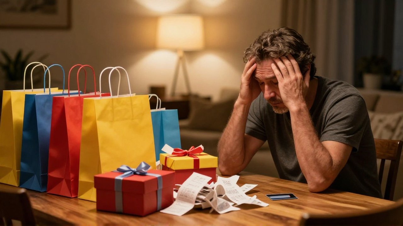 Hombre angustiado frente a una gran cantidad de bolsas de compras, cajas de regalos y recibos.