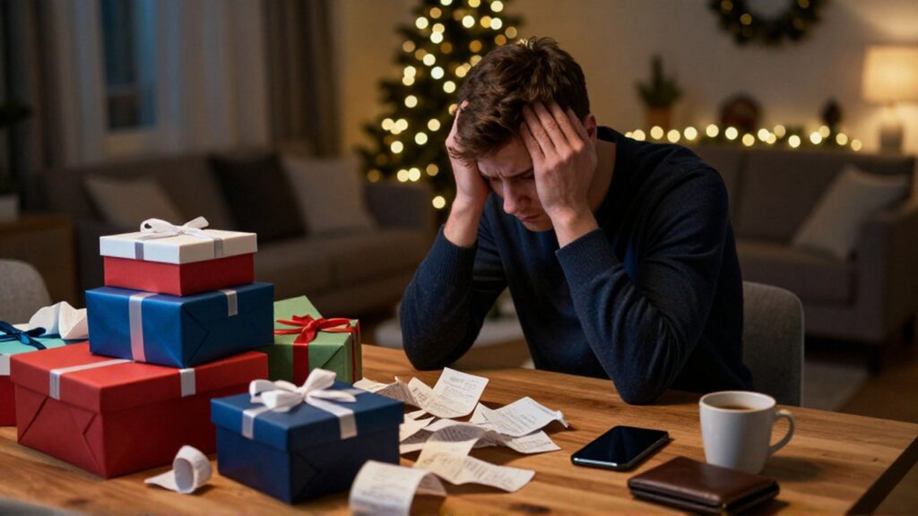Hombre estresado frente a una mesa llena de regalos y recibos en una sala acogedora.
