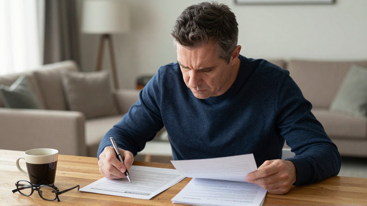 Un hombre de mediana edad revisa concentrado varios documentos financieros sobre una mesa de madera.