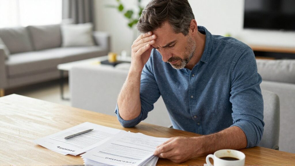 Un hombre de mediana edad se frota la frente con frustración frente a documentos financieros y un contrato de pensión.