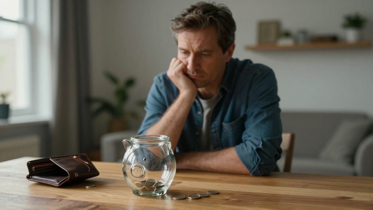 Hombre frustrado observa un alcancía de cristal casi vacía sobre una mesa de comedor.