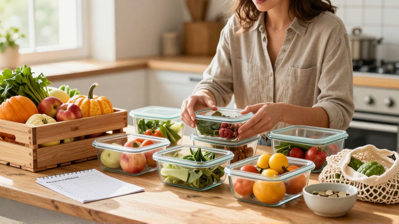 Mujer organizando verduras y frutas de temporada en recipientes de vidrio sobre una mesa de madera.