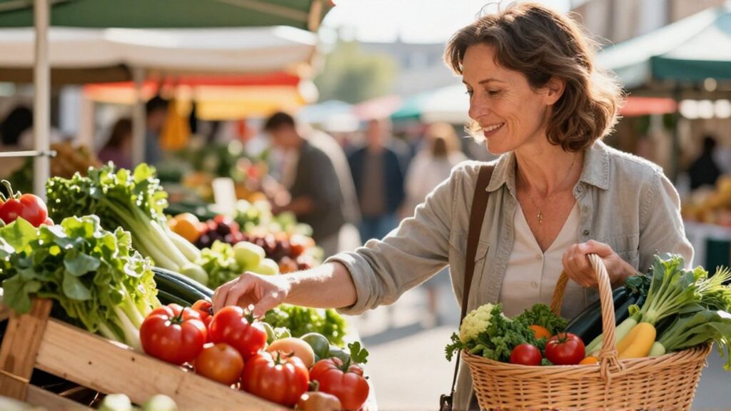 Mujer sonriente seleccionando vegetales frescos y coloridos en un mercado al aire libre soleado.