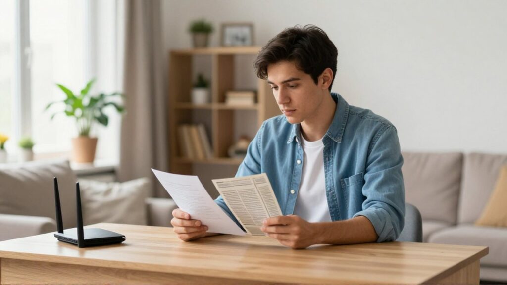 Un hombre joven compara facturas de servicios en un escritorio junto a un router Wi-Fi.