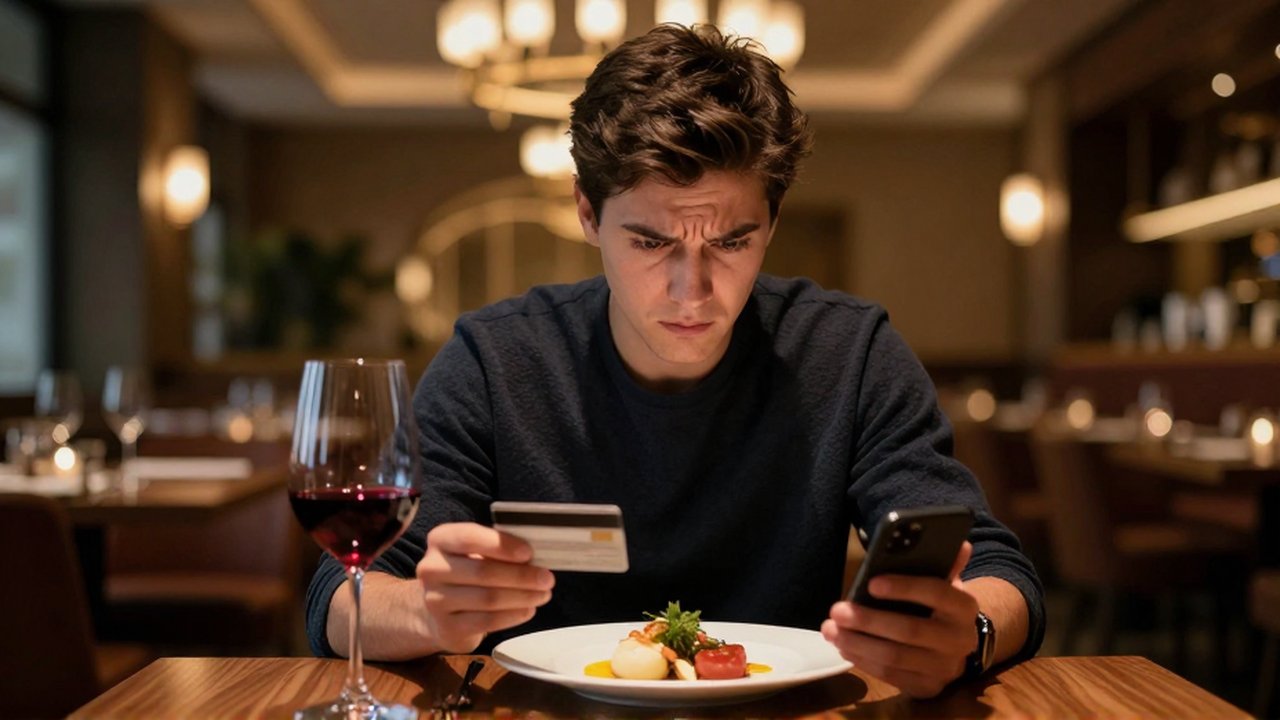 Persona con expresión de preocupación revisando un recibo digital y su tarjeta en un restaurante elegante.
