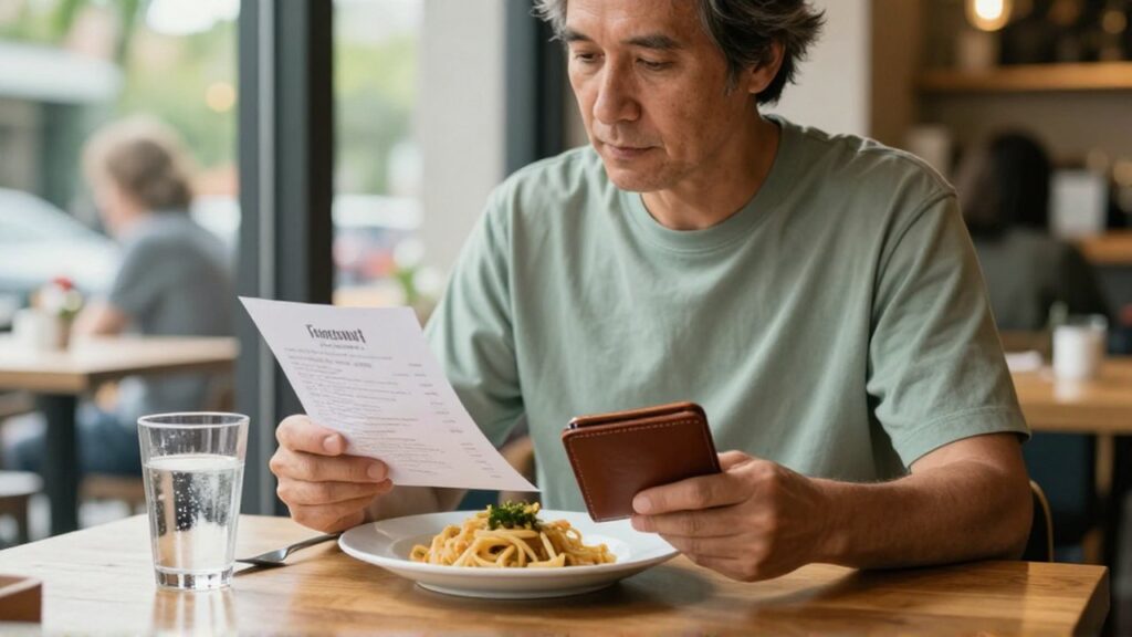 Una persona revisa con atención una cuenta y su billetera en una mesa de restaurante.