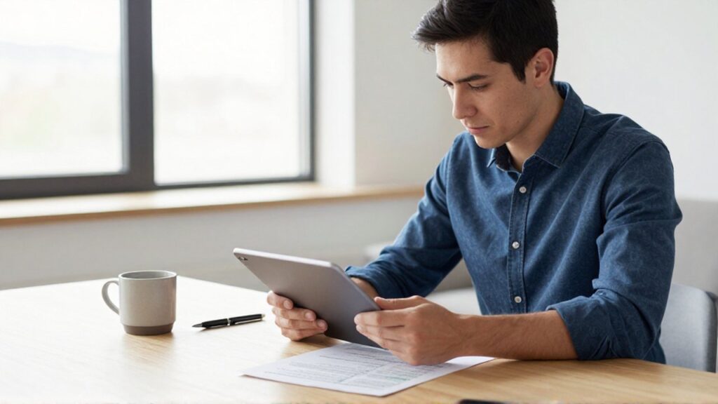 Persona concentrada revisando datos en una tableta y un informe financiero en su oficina iluminada.