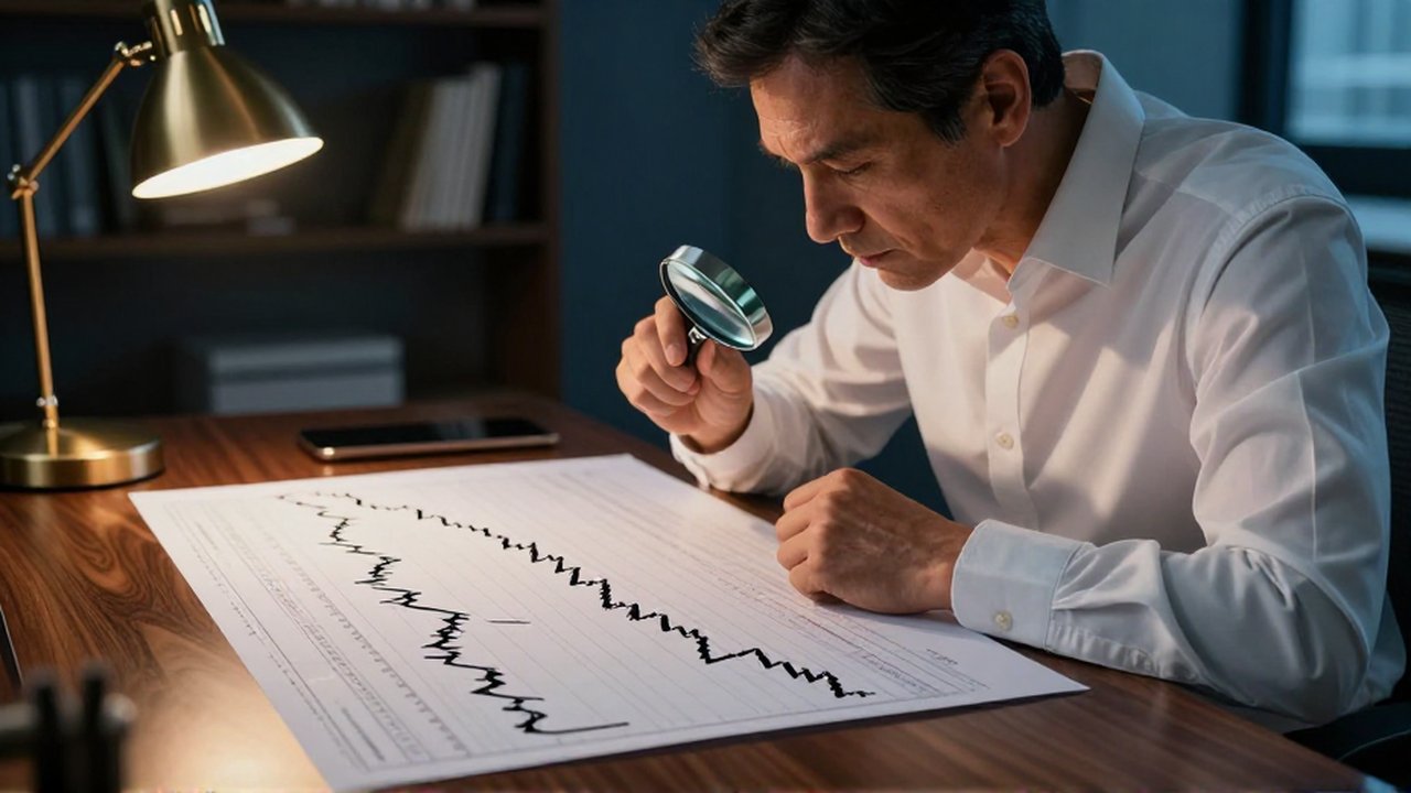 Un analista financiero examina con una lupa gráficos de volatilidad sobre un escritorio de madera.