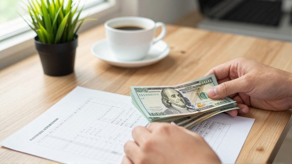 Manos colocando billetes junto a un cuadro de amortización de préstamos sobre un escritorio de madera.
