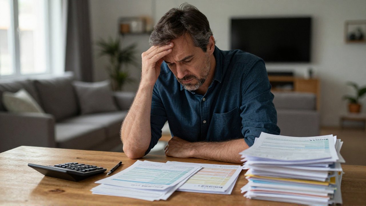 Hombre de mediana edad con expresión de frustración revisa documentos financieros sobre una mesa de madera.
