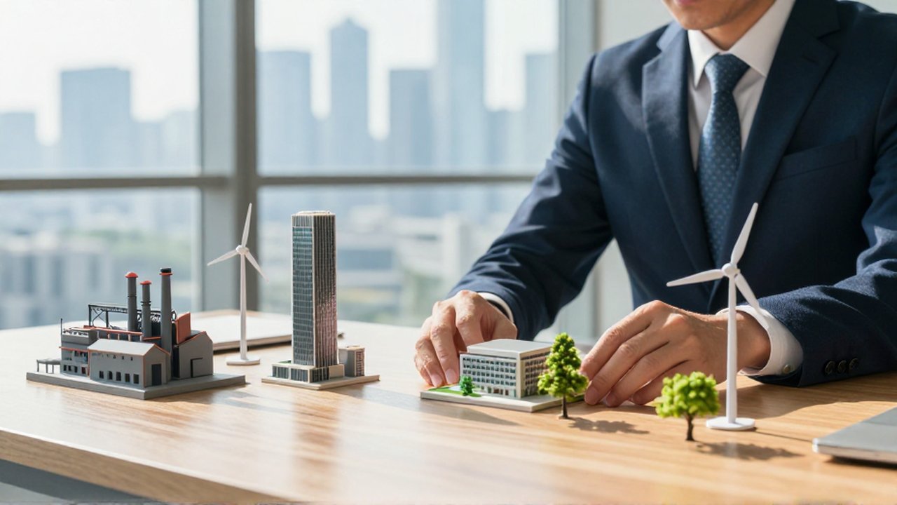Asesor financiero organiza modelos arquitectónicos en miniatura sobre un escritorio frente a un paisaje urbano.