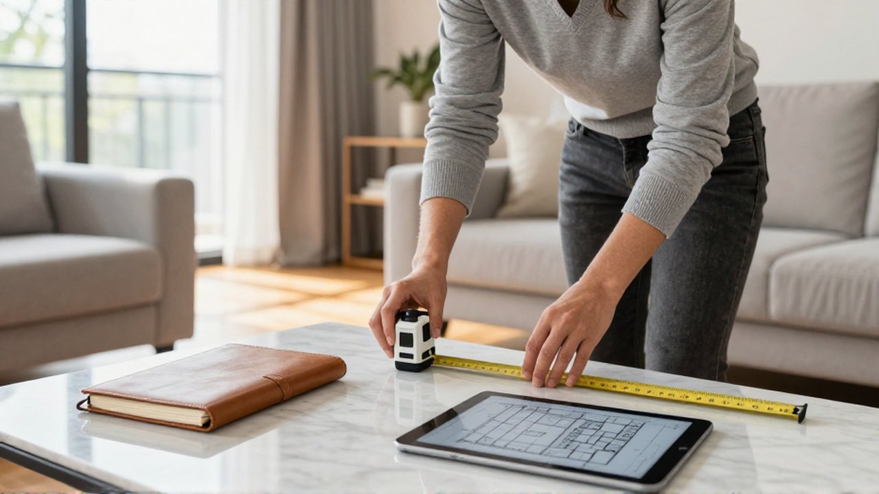 Un perito inmobiliario mide las dimensiones de un salón moderno con un medidor láser.