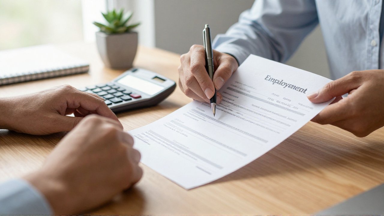 Manos revisando un certificado laboral y usando una calculadora sobre un escritorio de madera.