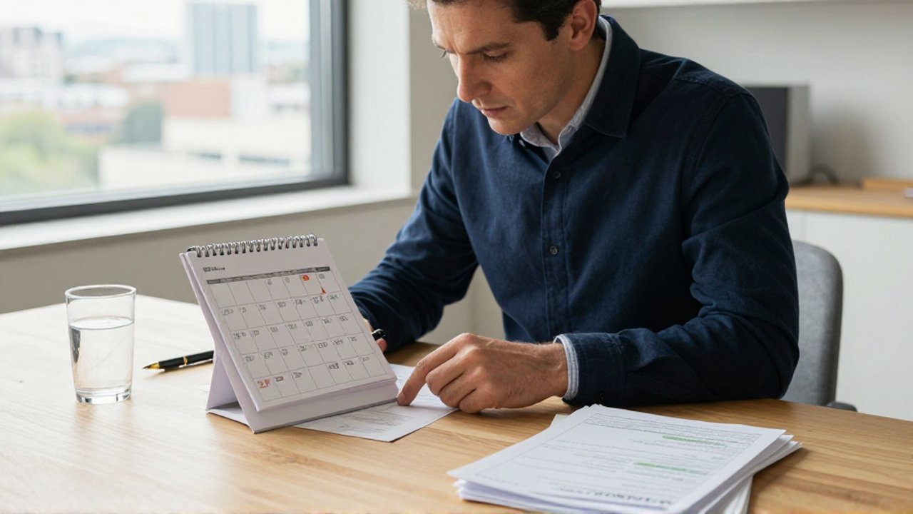 Un inversor marca una fecha en un calendario financiero sobre un escritorio ordenado en una oficina moderna.