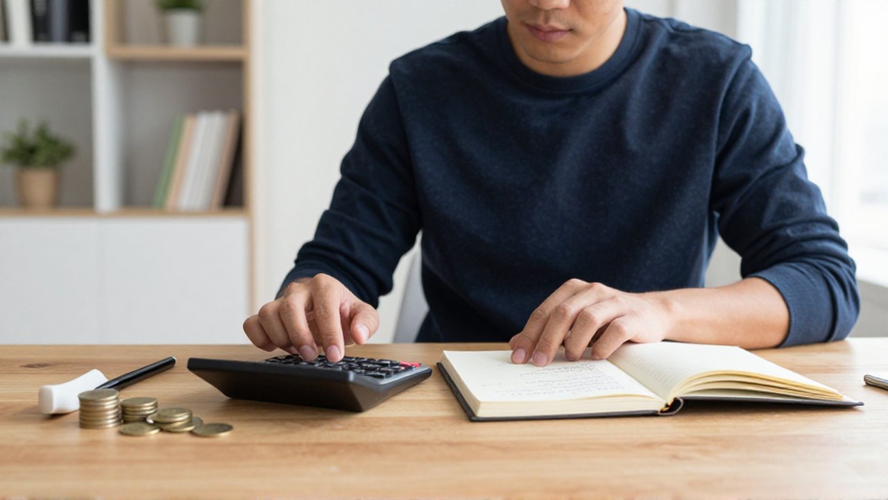 Un hombre concentrado organiza sus finanzas con una calculadora y un cuaderno en una oficina iluminada.