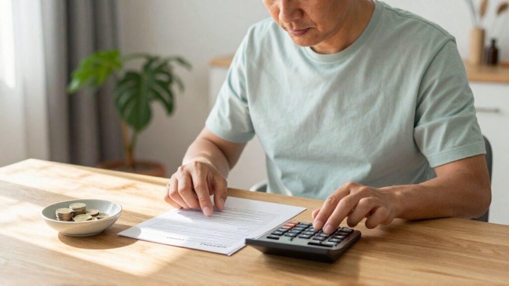 Un hombre de mediana edad revisa sus finanzas con una calculadora y monedas sobre una mesa.