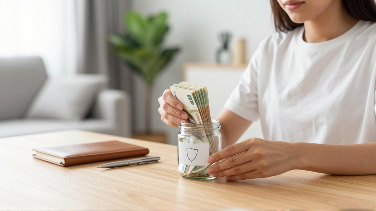 Una mujer joven guarda billetes doblados en un frasco de vidrio sobre un escritorio de madera.