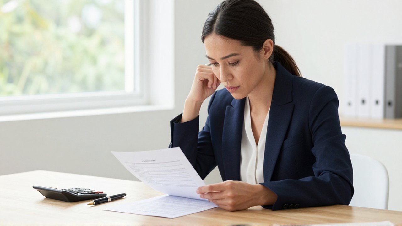 Mujer concentrada revisando documentos financieros y un contrato de préstamo en una oficina luminosa.