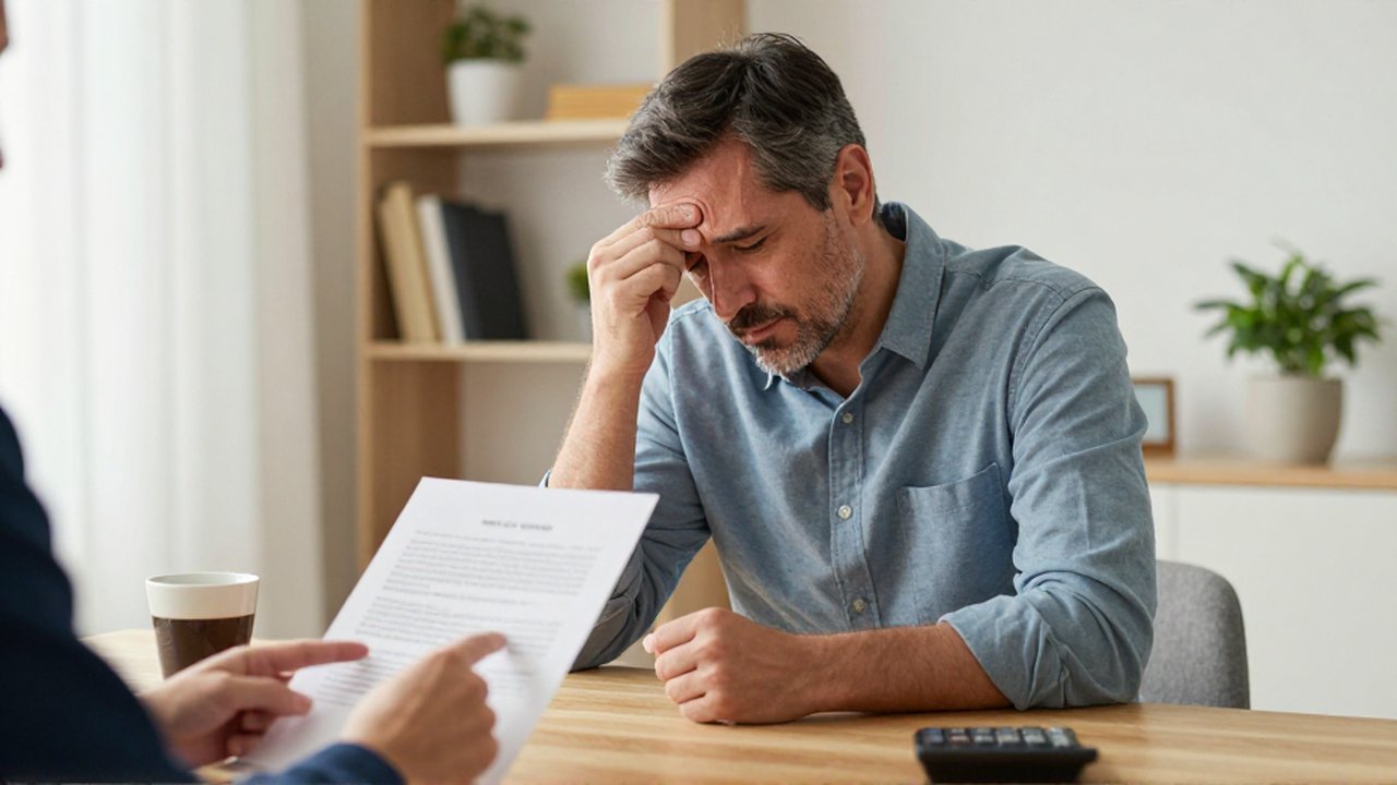 Un hombre aliviado revisa un documento financiero mientras un asesor señala una cláusula en su oficina.