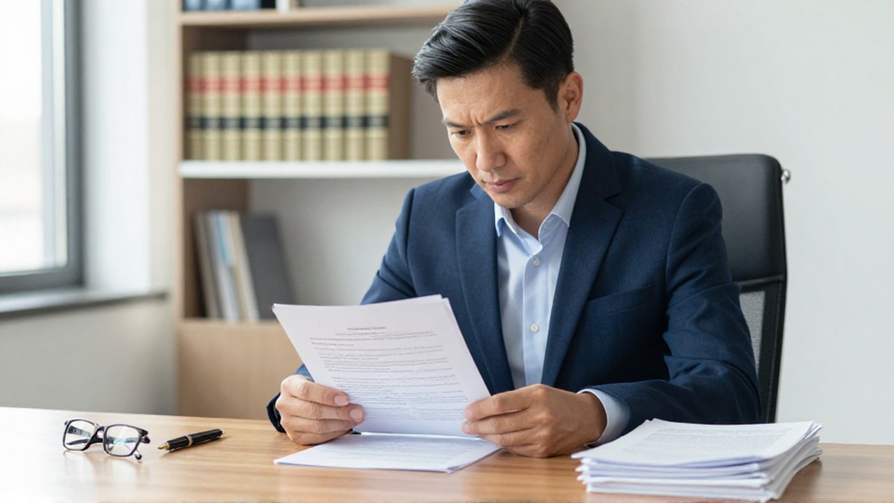 Un profesional del derecho analiza documentos legales y recibos financieros en una oficina luminosa.