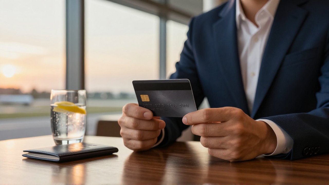 Persona elegante sosteniendo una tarjeta de crédito metálica negra en un lounge de aeropuerto al atardecer.